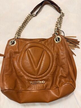 Valentino Tan Leather Shoulder Bag with Gold Chain